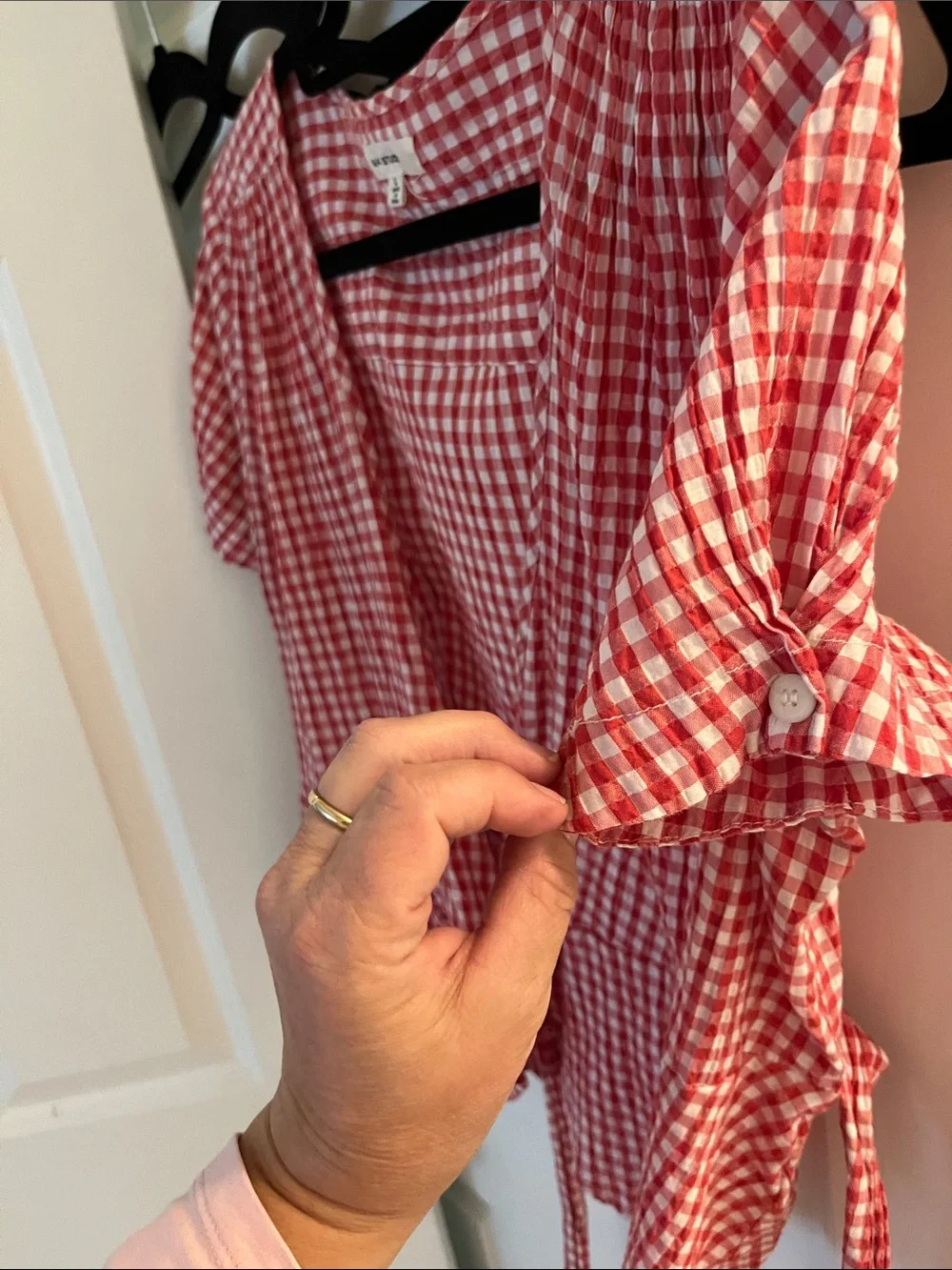 Madewell Red & White Gingham Wrap Blouse